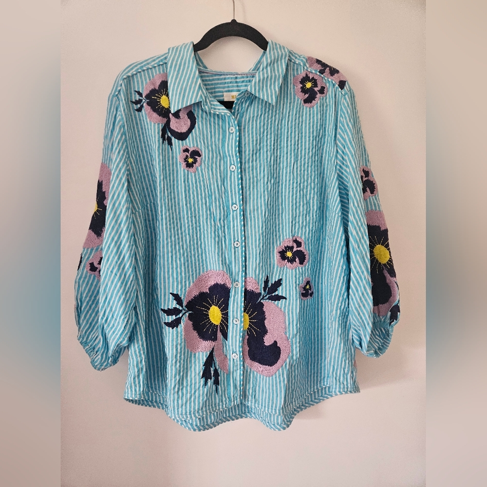Anthropologie Maeve Floral Embroidered Buttondown Shirt Size XL Preppy - Picture 5 of 14